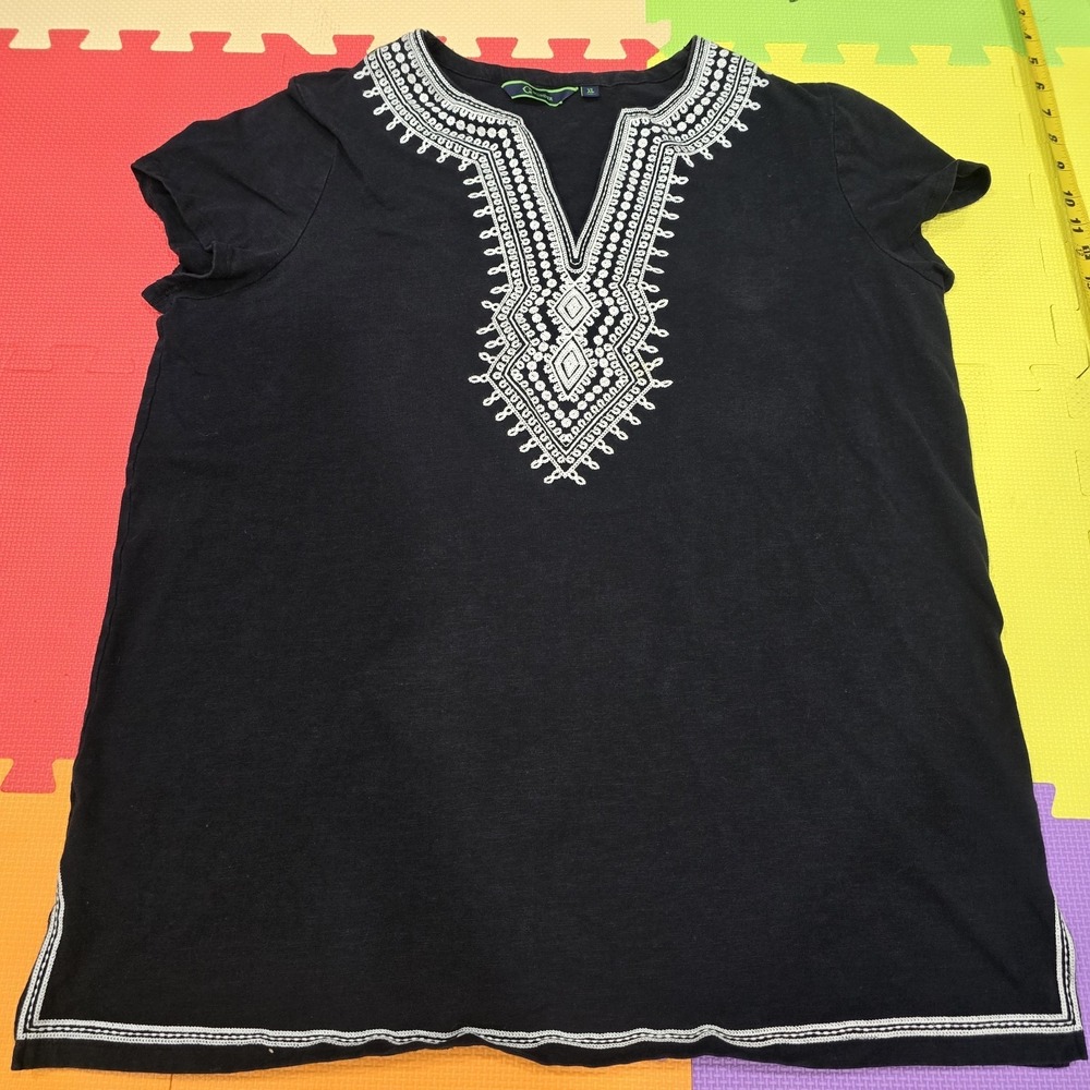 C.‎ Wonder Women's Tunic Top XL BlackEmbroidered Boho V-Neck Short Sleeve...
